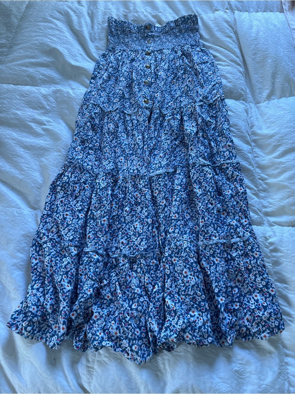 Mahina Blue Floral Tiered midi strapless dress- Women’s size small